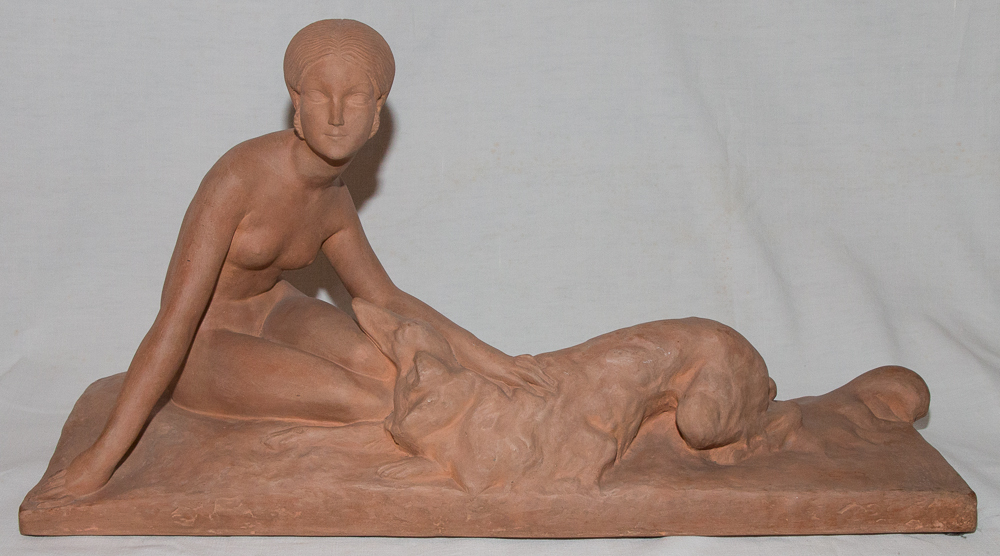 Terracotta, Young Woman And Her Greyhound Georges Coste Circa 1930