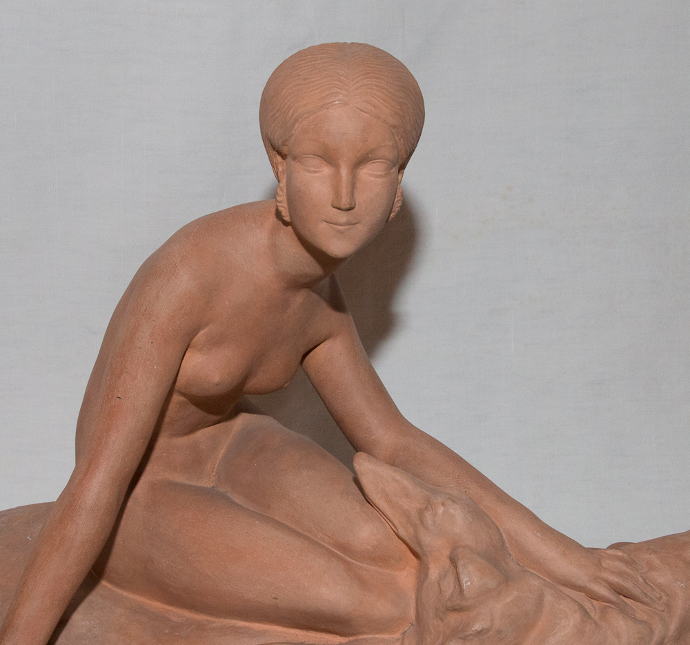 Terracotta, Young Woman And Her Greyhound Georges Coste Circa 1930-photo-2