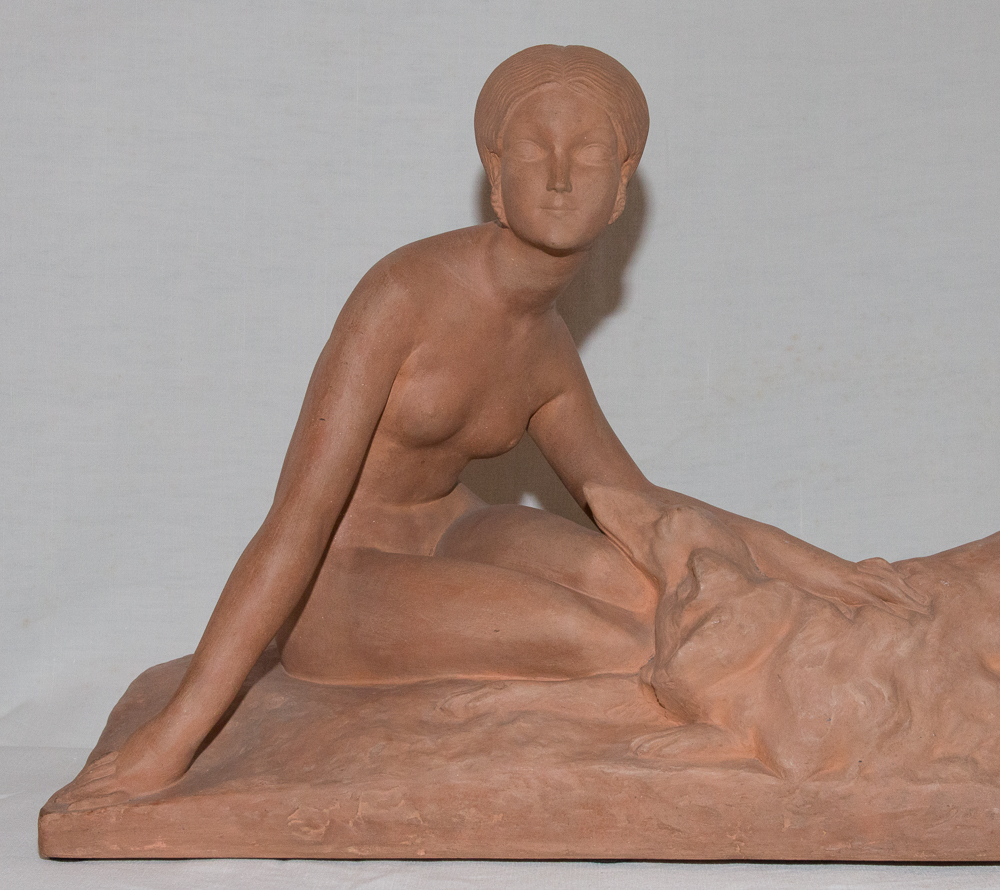 Terracotta, Young Woman And Her Greyhound Georges Coste Circa 1930-photo-4