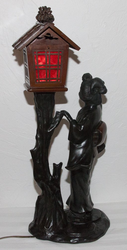 Geisha Bronze Lamp Meiji Period-photo-2