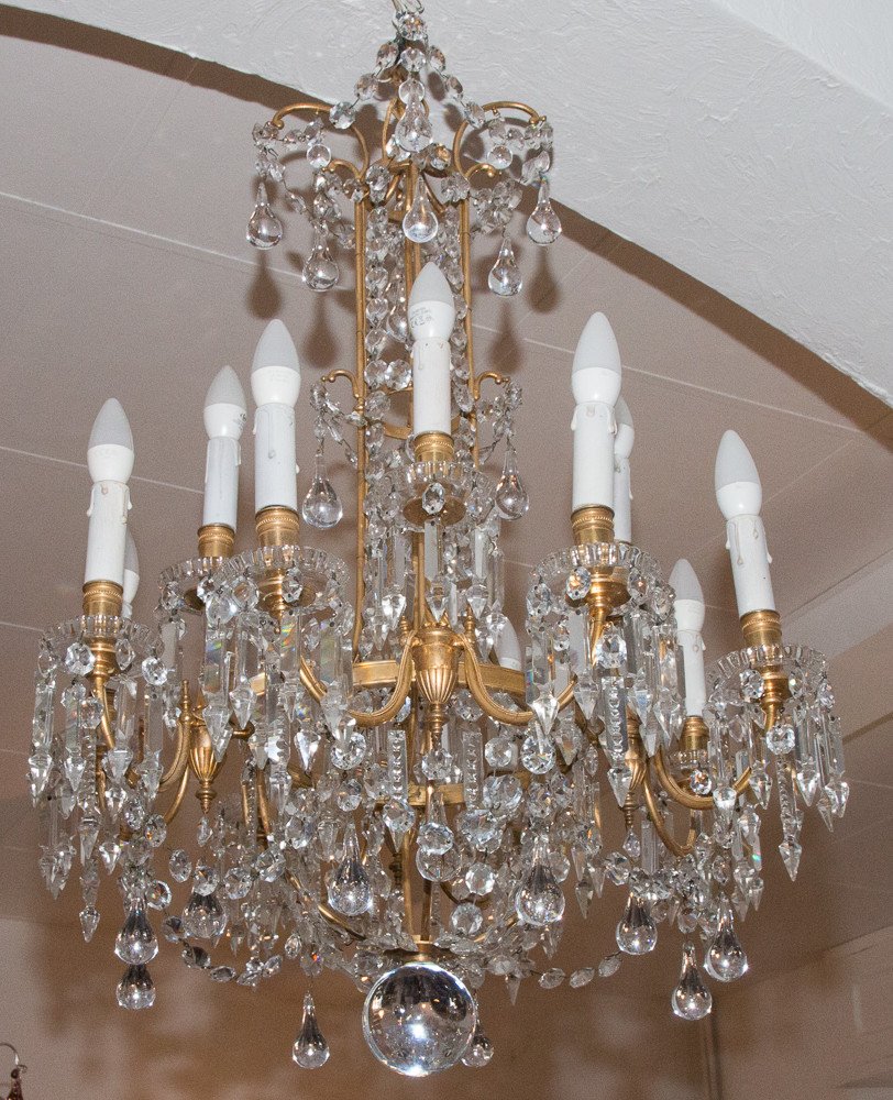 Lustre En Bronze Et Cristal Signé Baccarat Fin XIXe 