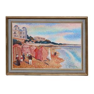  Pointillist Painting, Royan Beach Lucien Neuquelman 1909-1988