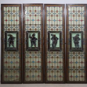 A Set Of Four Antique Leaded-glass Stained-glass Windows From The Late 19th Century 