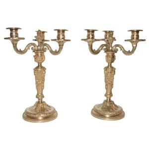 Pair Of Gilded Bronze Candlesticks By H. Picard, Napoleon III Period