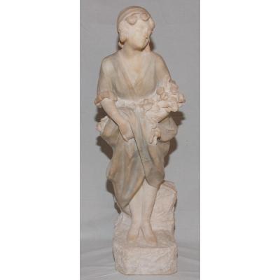 Girl With Bouquet In Alabaster Signed Pugi End Nineteenth