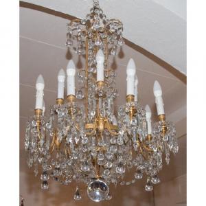 Chandelier In Bronze And Crystal Signed Baccarat Late Nineteenth