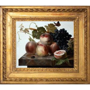 Nature morte aux fruits , papillon et scarabée attribué à Jan van Dael