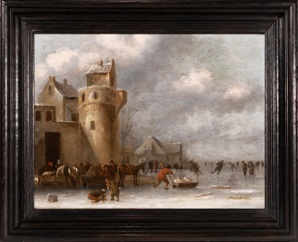 Patineurs devant les remparts d'Harlem par Thomas Heeremans daté 1670