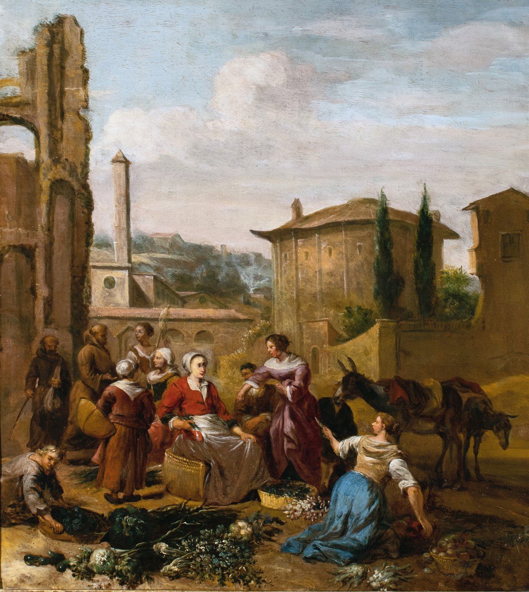 Market Scene In Rome By Hendrick Mommers, Holland 17th Century-photo-2