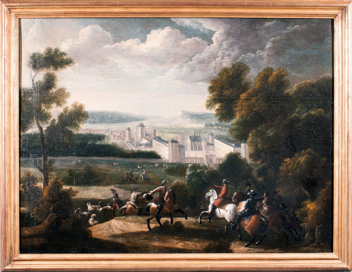 Scène de chasse à courre devant le Château de Vincennes , attribué à Sauveur Le Conte 1660