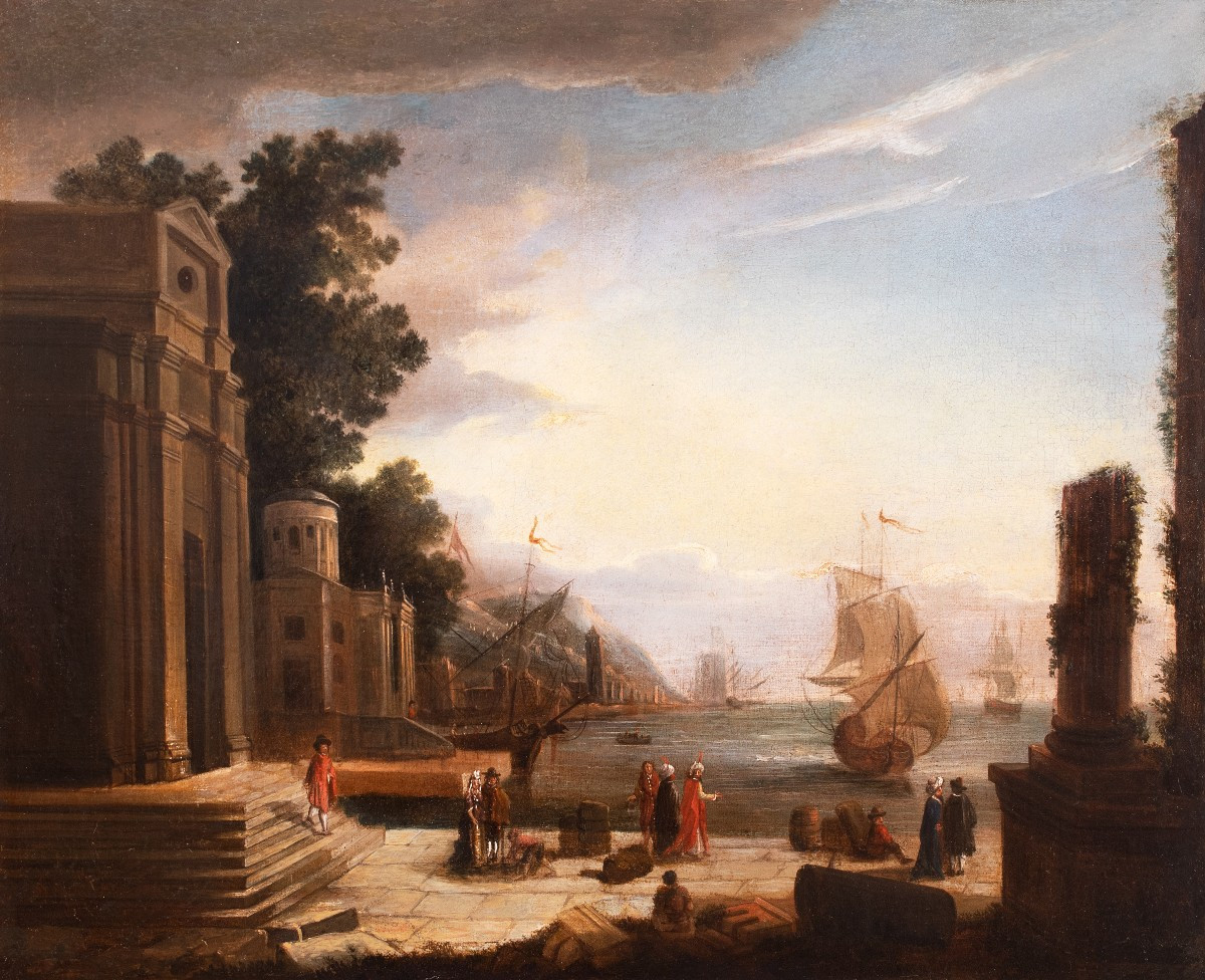 Port Scene With Ancient Ruins, France, Early 18th Century -photo-1