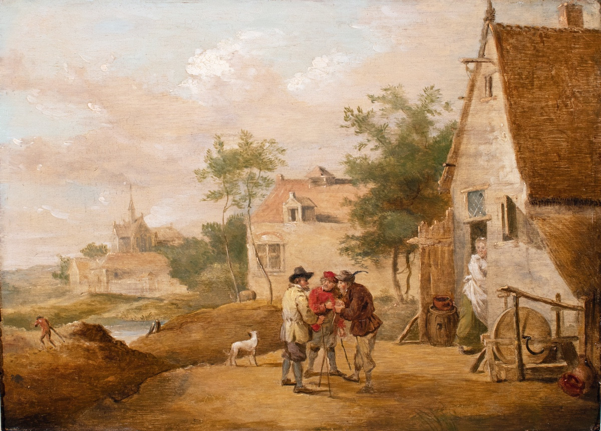 Scène de village avec paysans devant une chaumière , atelier de Teniers  , fin 17è-photo-2