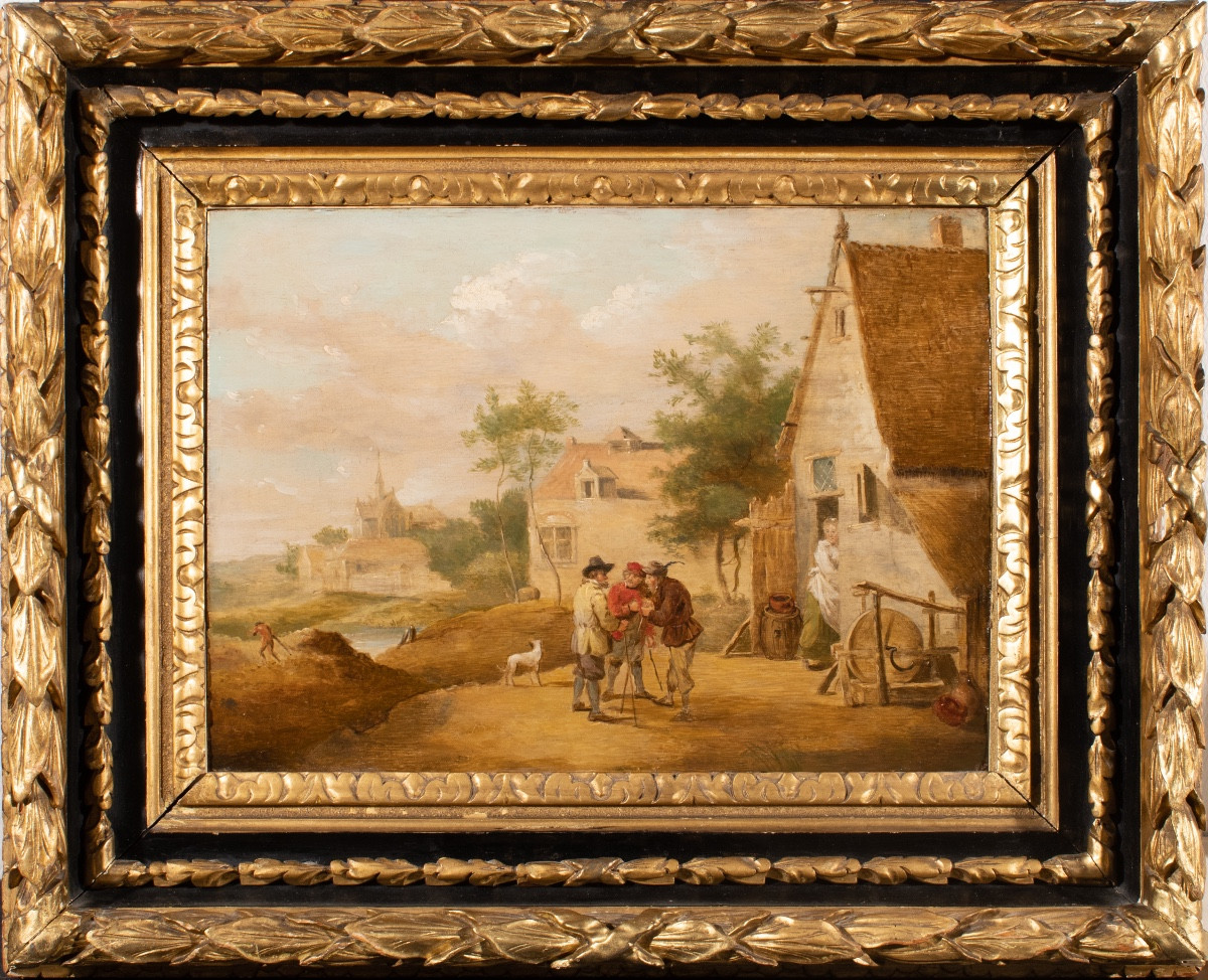 Scène de village avec paysans devant une chaumière , atelier de Teniers  , fin 17è
