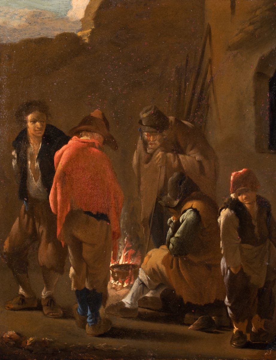 Peasants Around A Fire, Holland 17th Century, Entourage Of Karel Dujardin-photo-2