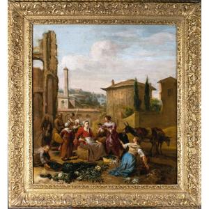 Market Scene In Rome By Hendrick Mommers, Holland 17th Century