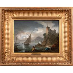 Marine méditerranéenne animée attribuée à Lacroix de Marseille vers 1760