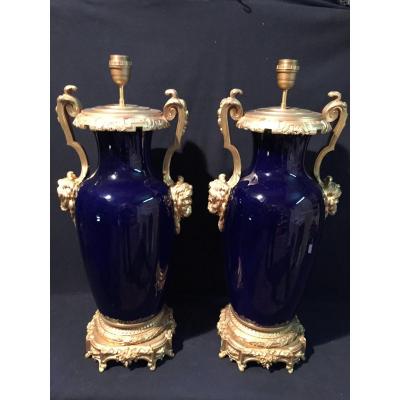 Large Pair Of Sèvres Porcelain Lamps XIXth Century