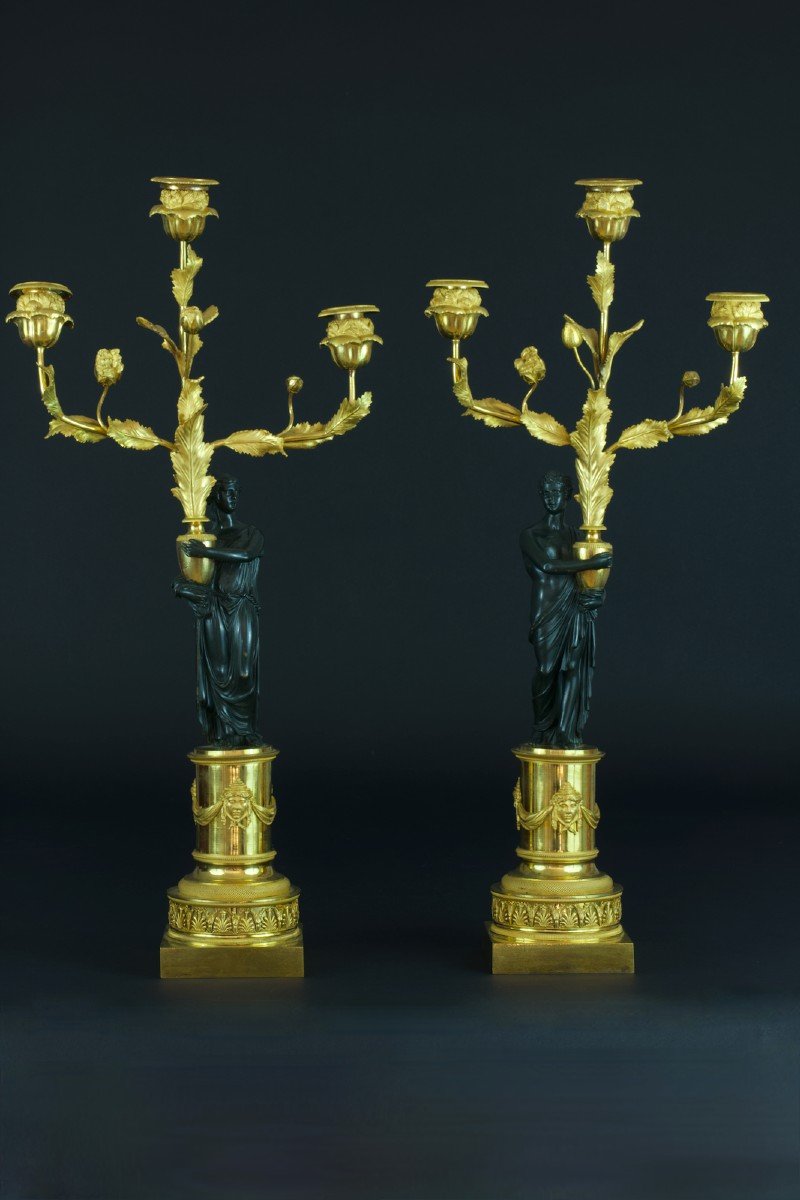 Ancien Grand Candélabre Bronze Doré Couple Rome Antique 18 ème Doré à l'Or 68cm x 2 -photo-2