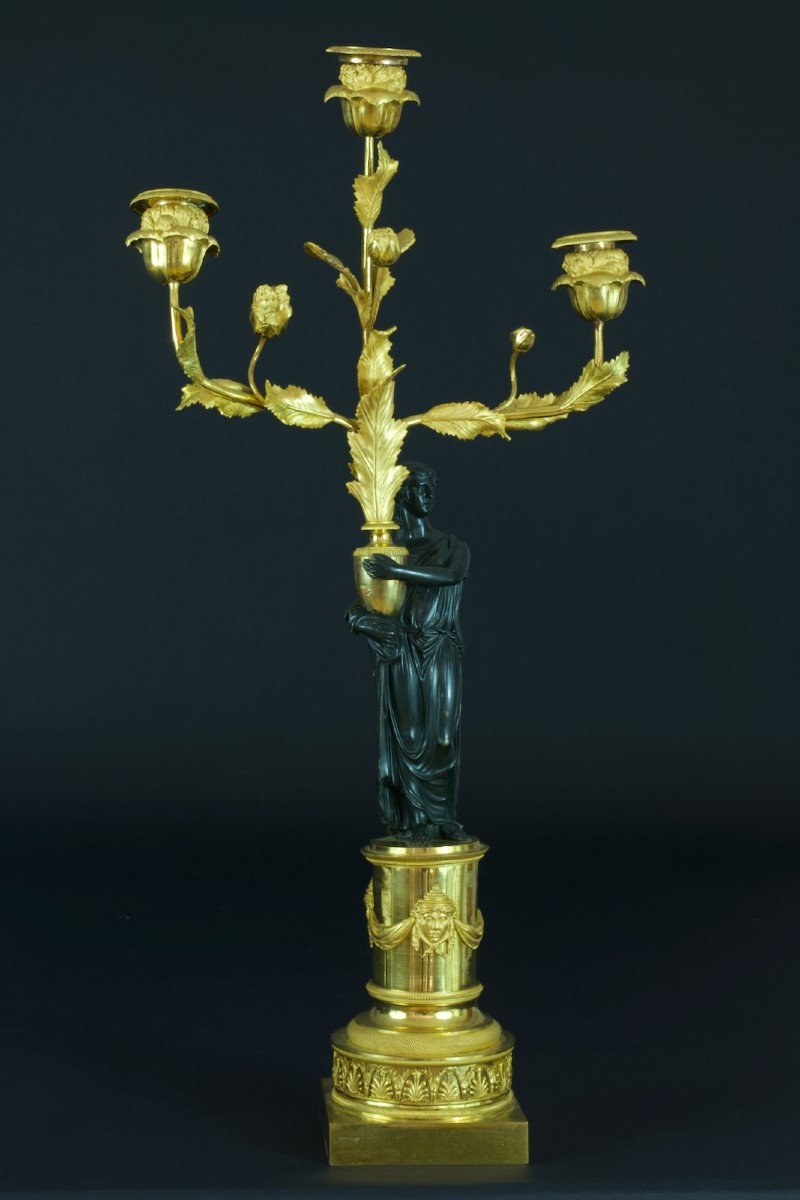 Old Large Candelabra Gilt Bronze Couple Ancient Rome 18th Gold Gilded 68cm X 2-photo-4