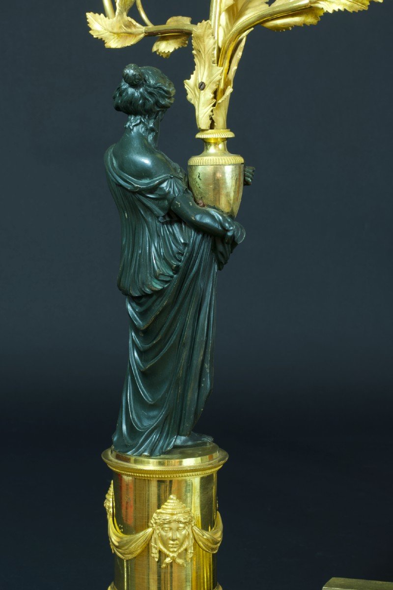 Ancien Grand Candélabre Bronze Doré Couple Rome Antique 18 ème Doré à l'Or 68cm x 2 -photo-7