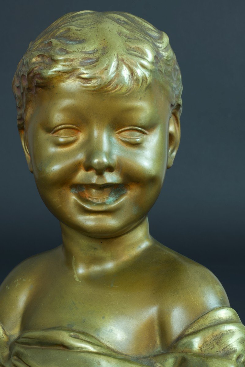 Ancien Buste En Bronze Doré Portrait Enfant Riant Donatello Marbre-photo-2