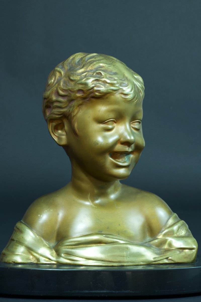 Ancien Buste En Bronze Doré Portrait Enfant Riant Donatello Marbre-photo-1