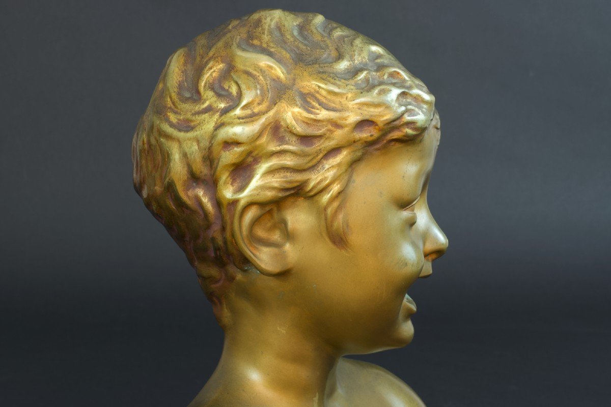 Ancien Buste En Bronze Doré Portrait Enfant Riant Donatello Marbre-photo-3