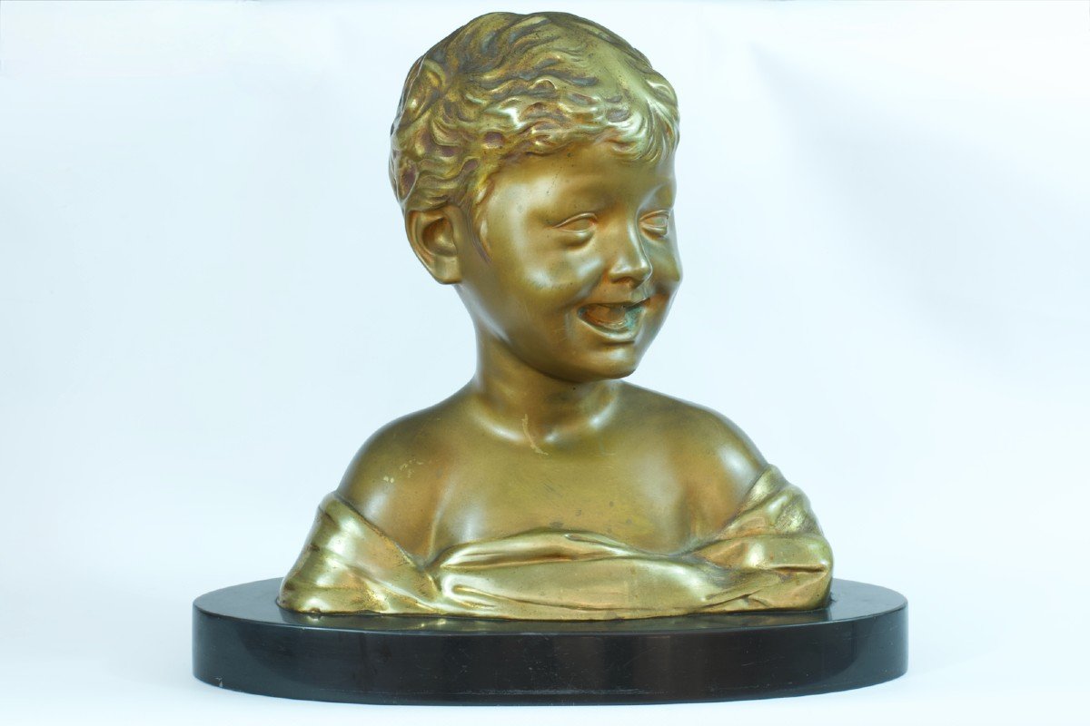 Ancien Buste En Bronze Doré Portrait Enfant Riant Donatello Marbre