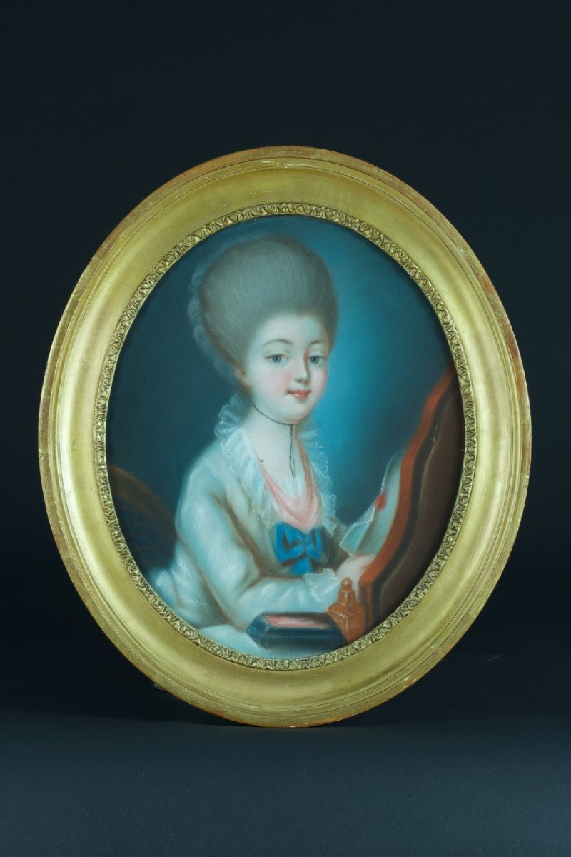 Ancien Tableau Pastel Portrait Jeune Fille Louis XVI Costume Lecture Coiffeuse Ovale cadre-photo-3