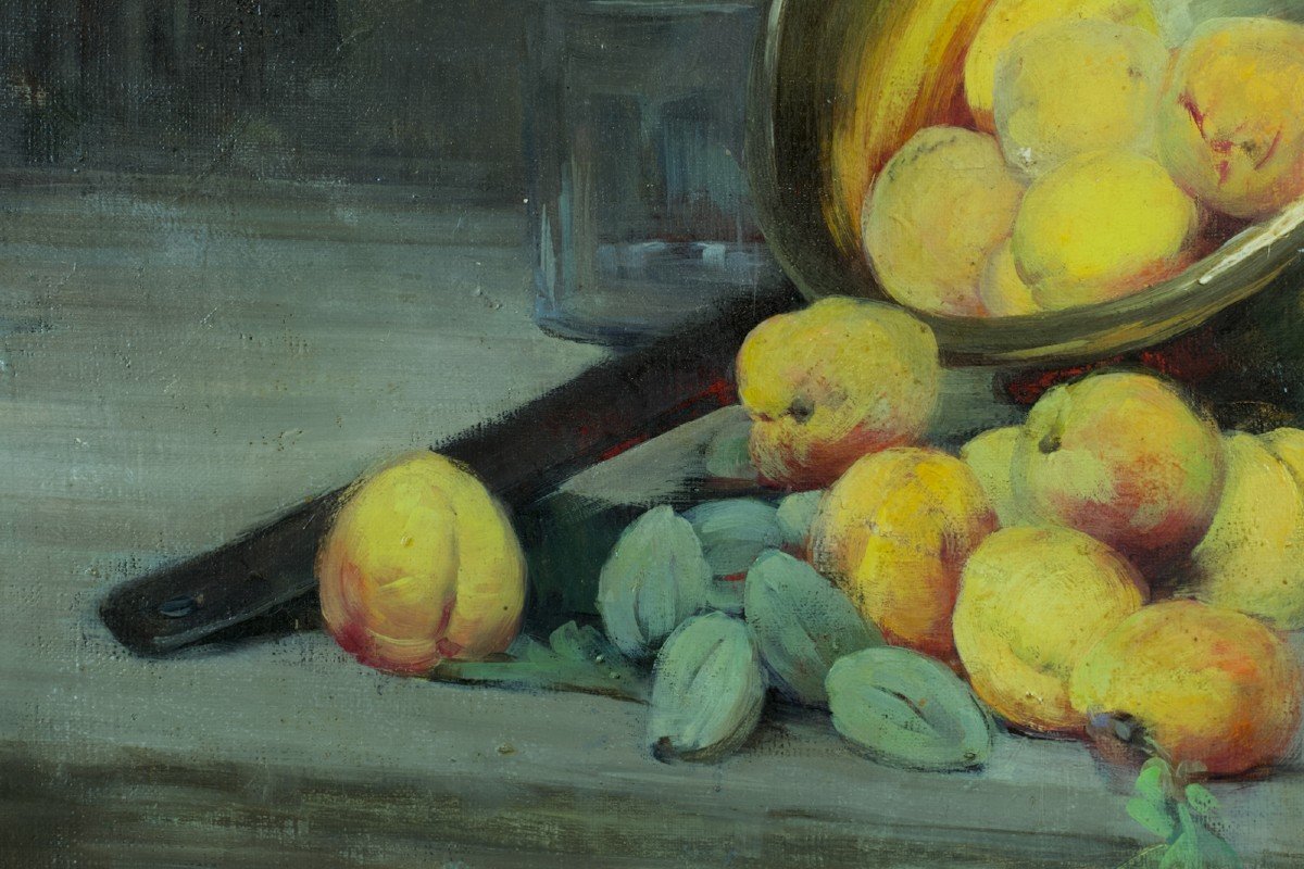Louise Anne Saint Old Still Life Painting With Fruits Apricots Almond Copper 19th-photo-2