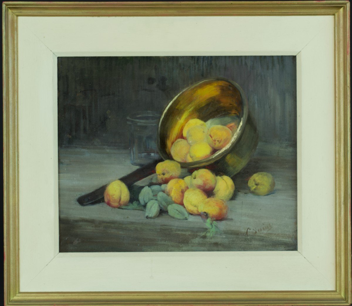 Louise Anne Saint Old Still Life Painting With Fruits Apricots Almond Copper 19th-photo-1