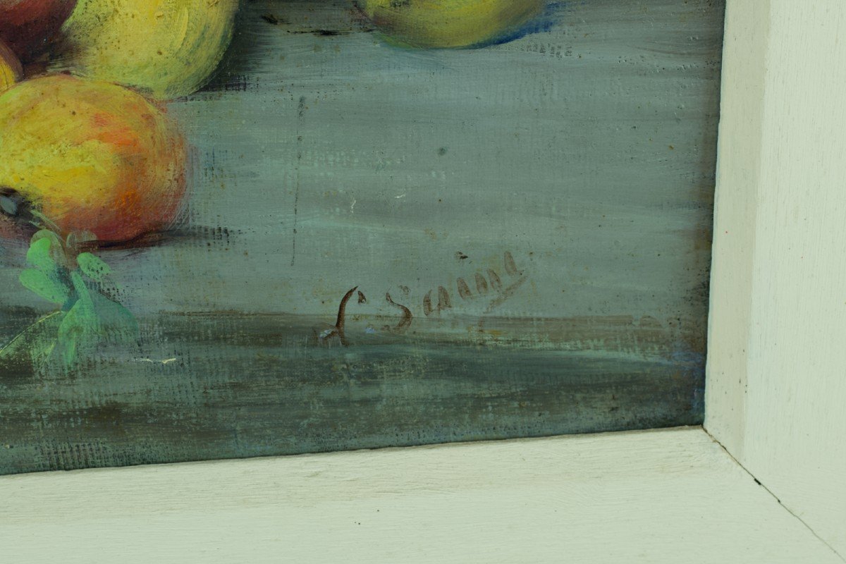 Louise Anne Saint Old Still Life Painting With Fruits Apricots Almond Copper 19th-photo-3