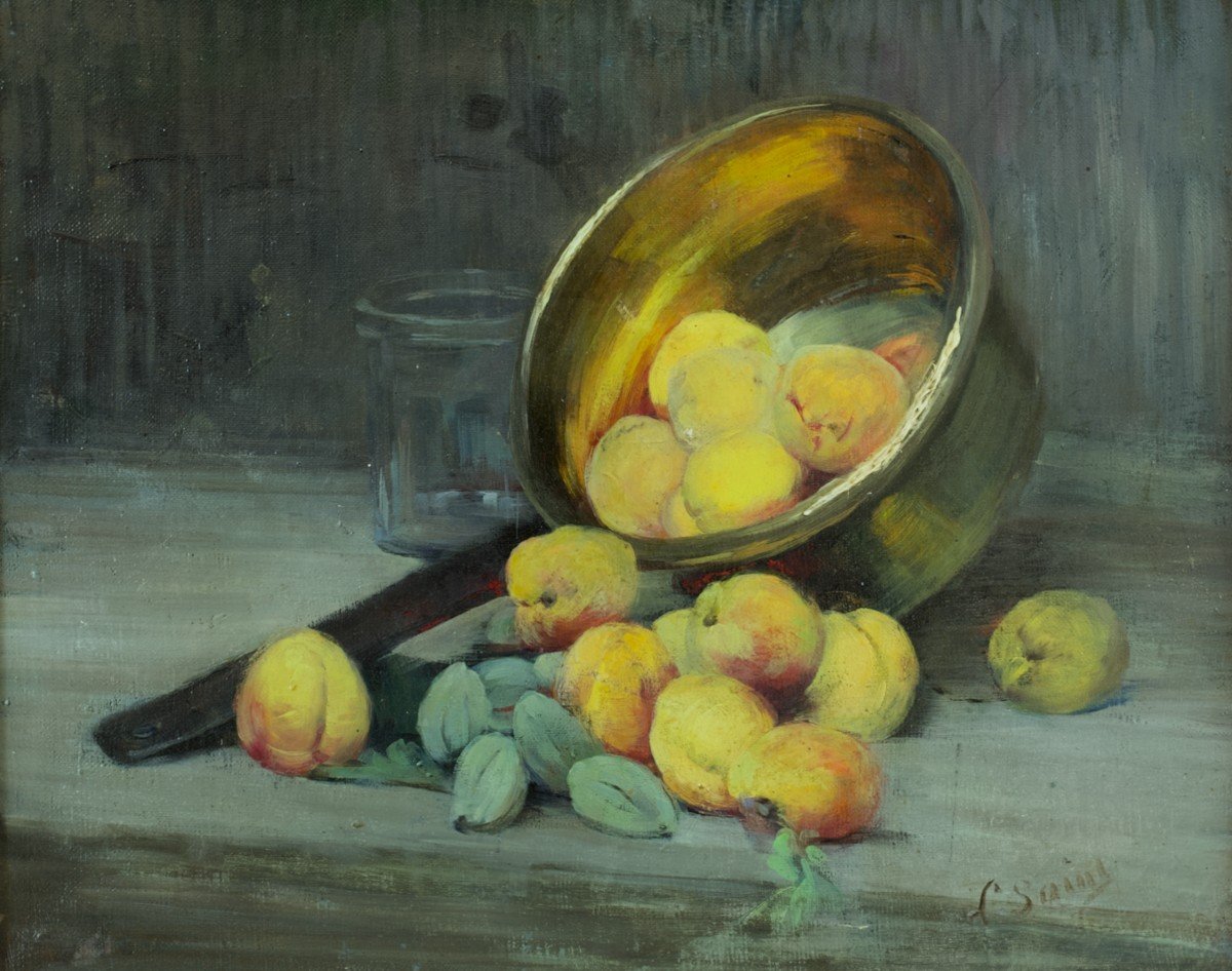 Louise Anne Saint Old Still Life Painting With Fruits Apricots Almond Copper 19th-photo-5