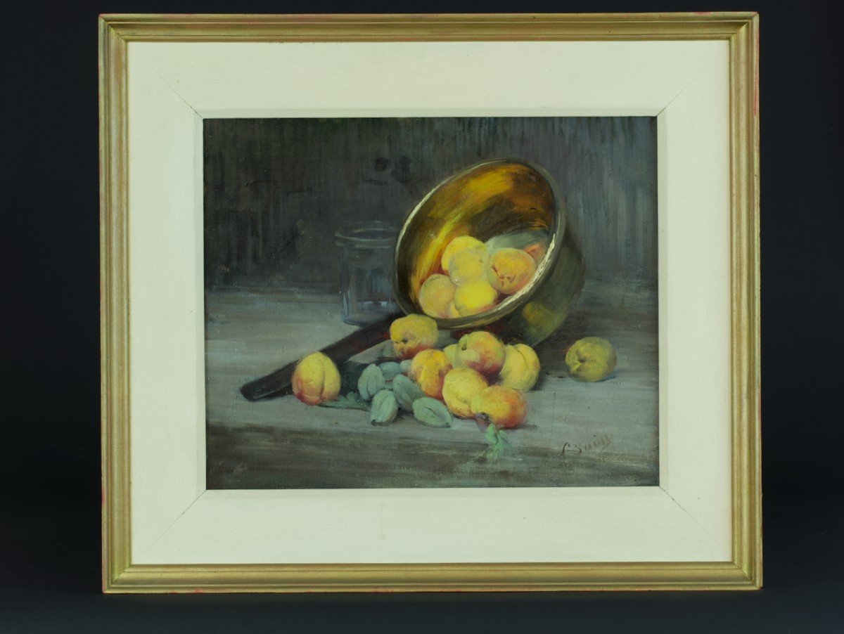 Louise Anne Saint Old Still Life Painting With Fruits Apricots Almond Copper 19th-photo-6