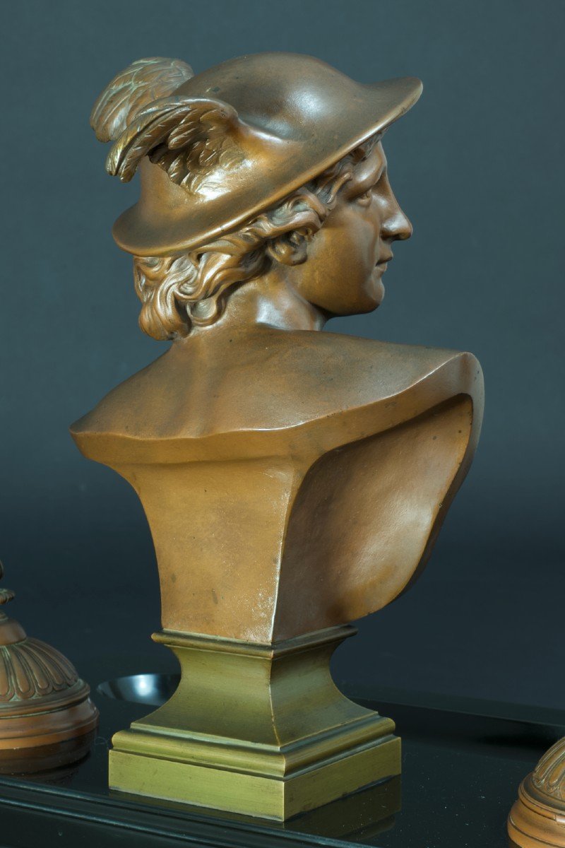 Important  Encrier De Bureau Bronze Buste Hermès Mercure Messager 19 ème Marbre 45cm-photo-4