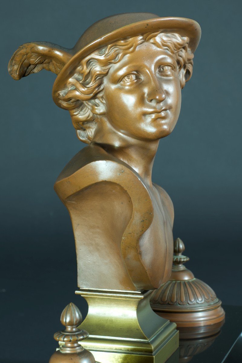 Important  Encrier De Bureau Bronze Buste Hermès Mercure Messager 19 ème Marbre 45cm