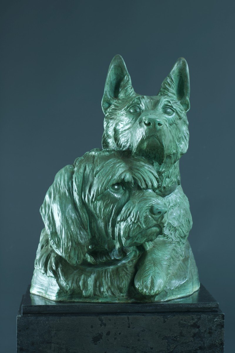 Irénée Rochard  Ancien Grand Groupe En Bronze Chien Berger Briard Art Deco  Animalier 60 Cm-photo-6