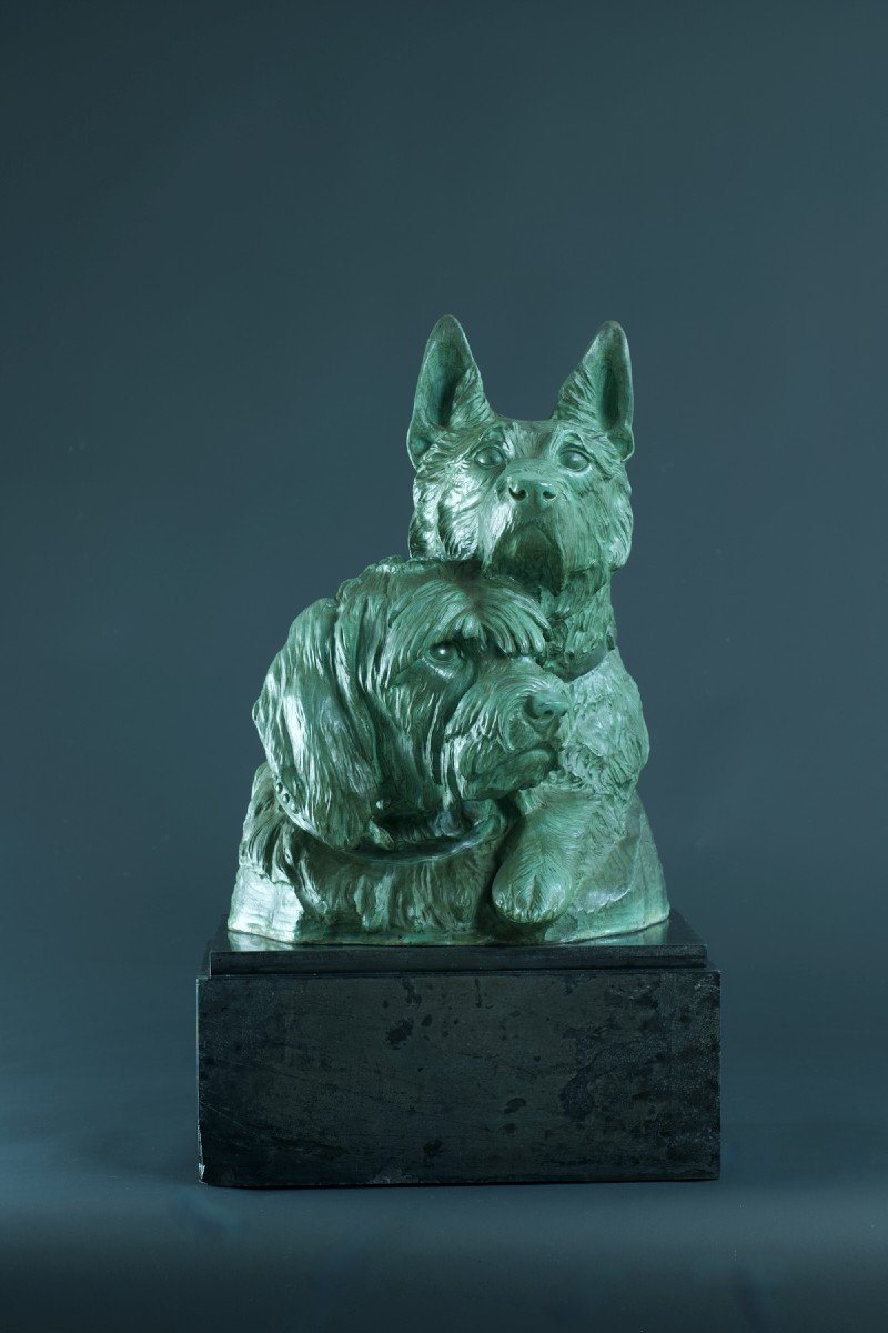 Irénée Rochard  Ancien Grand Groupe En Bronze Chien Berger Briard Art Deco  Animalier 60 Cm