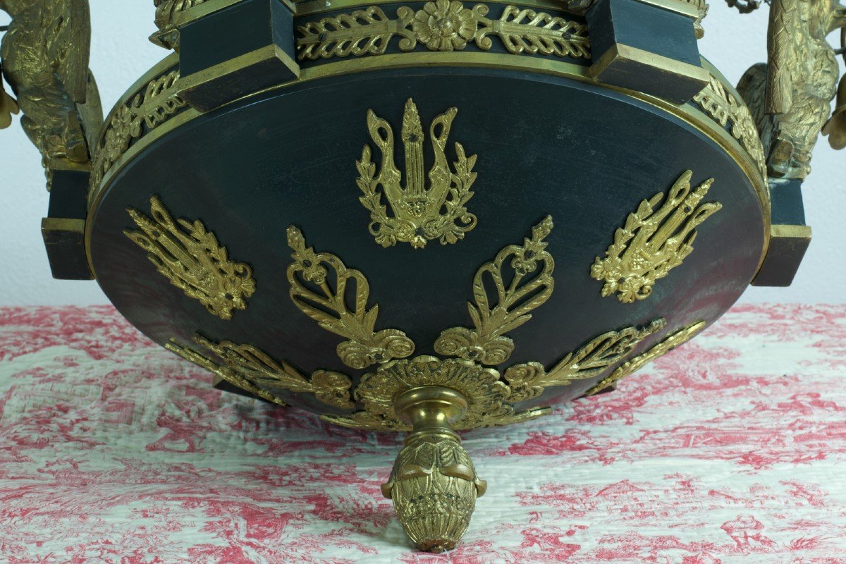 Ancien Grand Lustre Empire Napoléon Aigle Impérial Bronze Doré Palmettes Tôle-photo-3