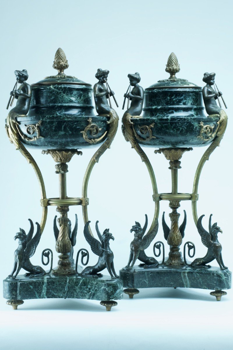 Philippe Thomire Cassolettes Vase Antique Bronze Marbre Femme Aulos Griffon-photo-3