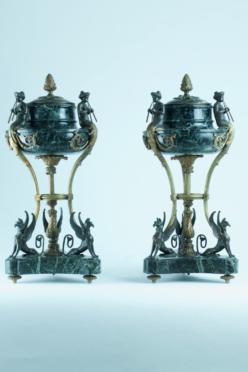 Philippe Thomire Cassolettes Vase Antique Bronze Marbre Femme Aulos Griffon-photo-6