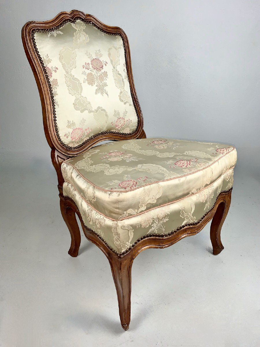 Ancienne Large Chaise 18 ème Louis XV Bois Sculpté soie Moulurée Noyer Midi Chauffeuse 1750  x 2 60cm-photo-3