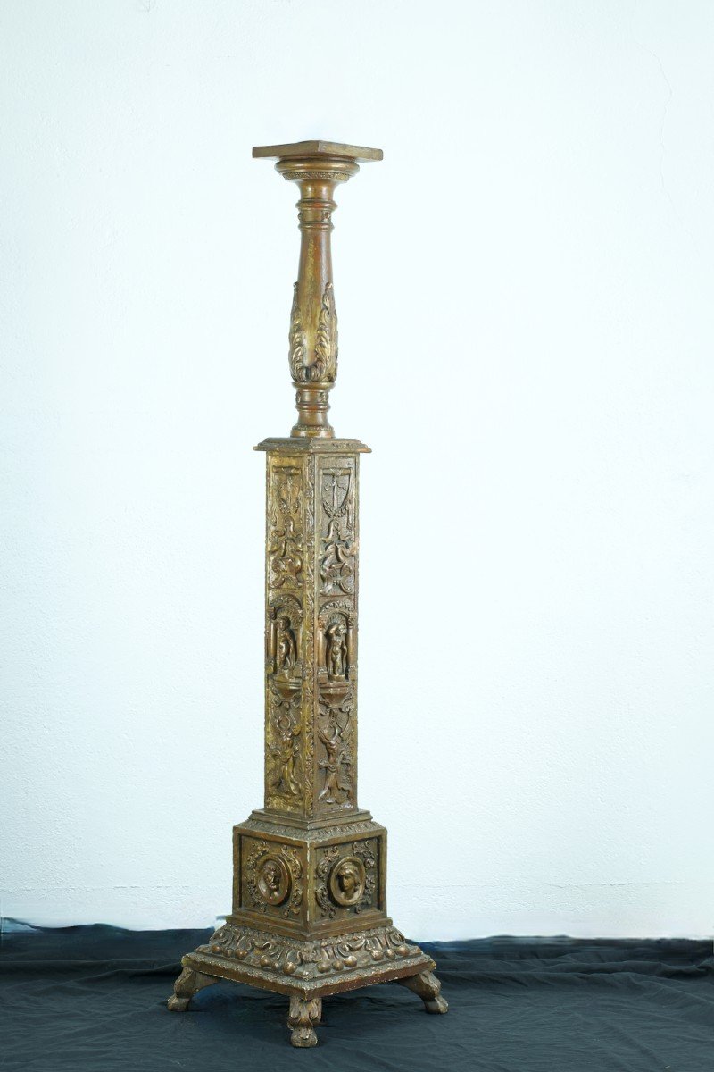 Ancien Porte Torchère Bougie Italie Bois Doré Scène Antique Rome Putti Dragon Lampadaire  Décor-photo-2