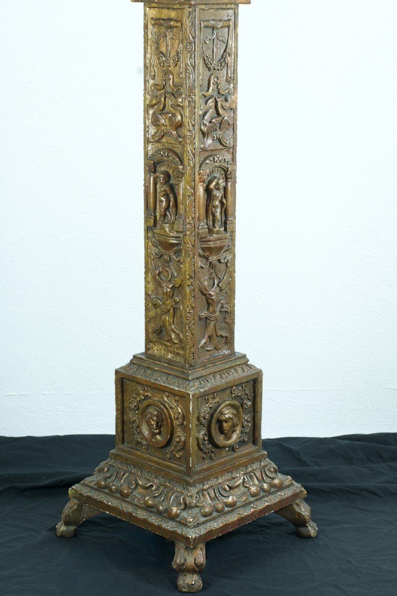 Ancien Porte Torchère Bougie Italie Bois Doré Scène Antique Rome Putti Dragon Lampadaire  Décor-photo-3