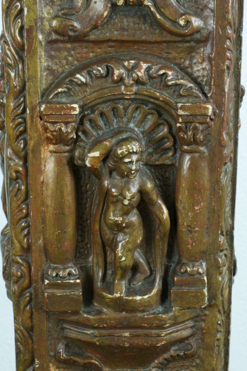 Ancien Porte Torchère Bougie Italie Bois Doré Scène Antique Rome Putti Dragon Lampadaire  Décor-photo-1