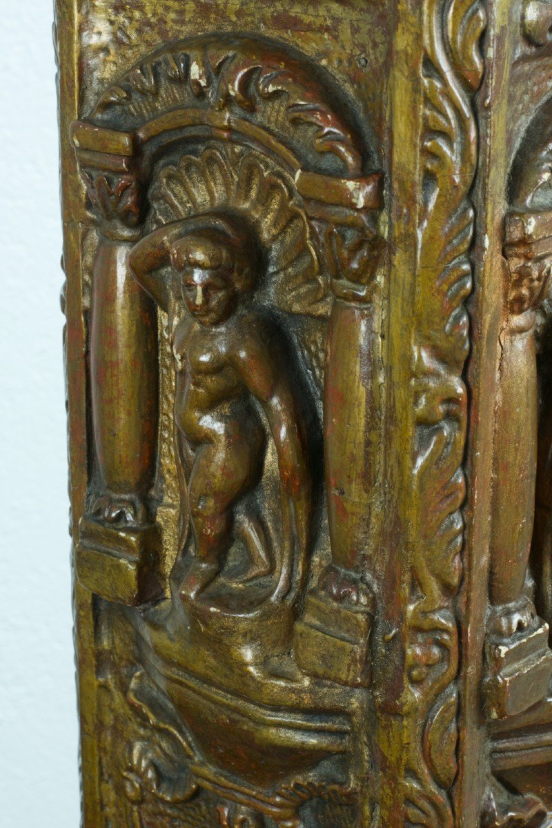 Old Candle Torchere Door Italy Golden Wood Ancient Scene Rome Putti Dragon-photo-3