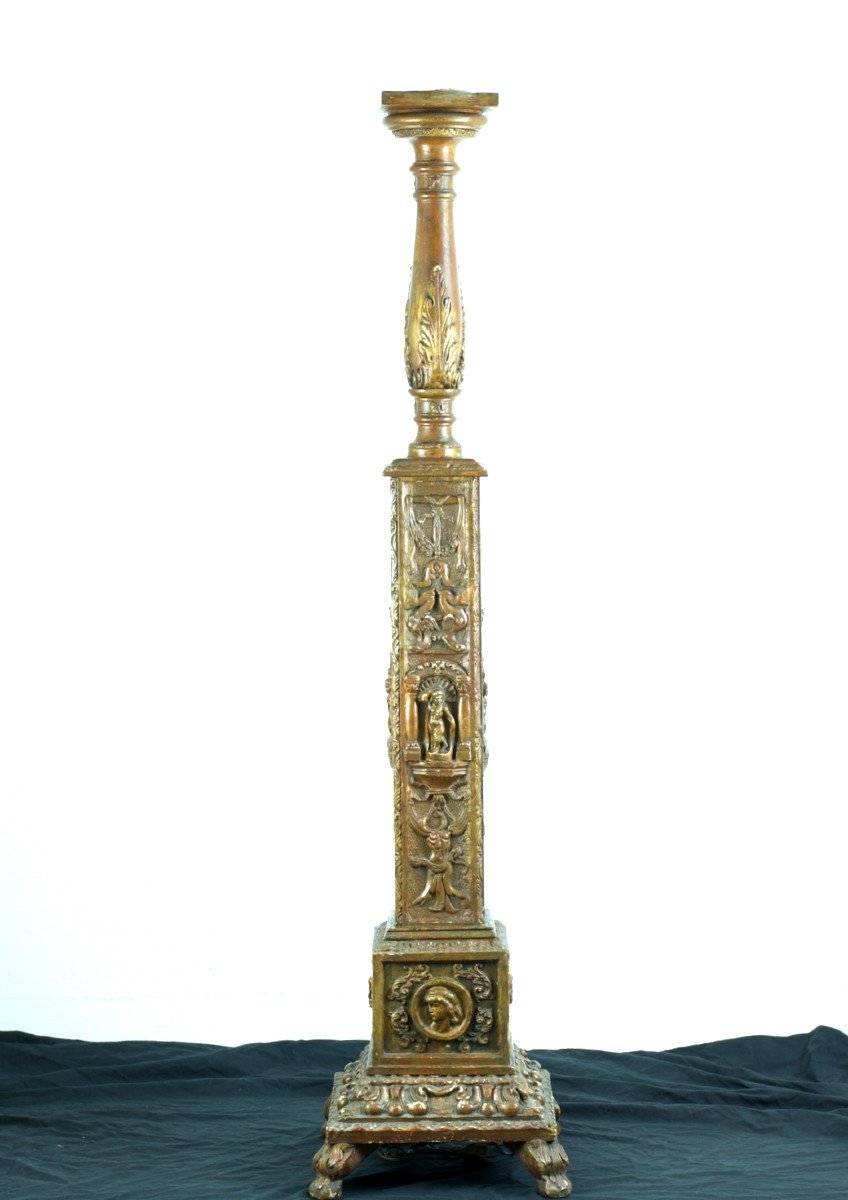 Ancien Porte Torchère Bougie Italie Bois Doré Scène Antique Rome Putti Dragon Lampadaire  Décor-photo-8