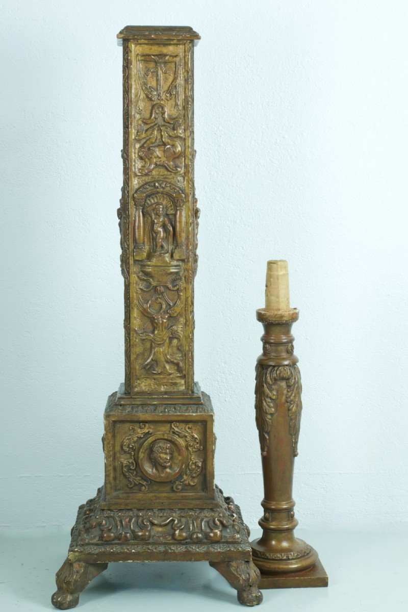 Old Candle Torchere Door Italy Golden Wood Ancient Scene Rome Putti Dragon