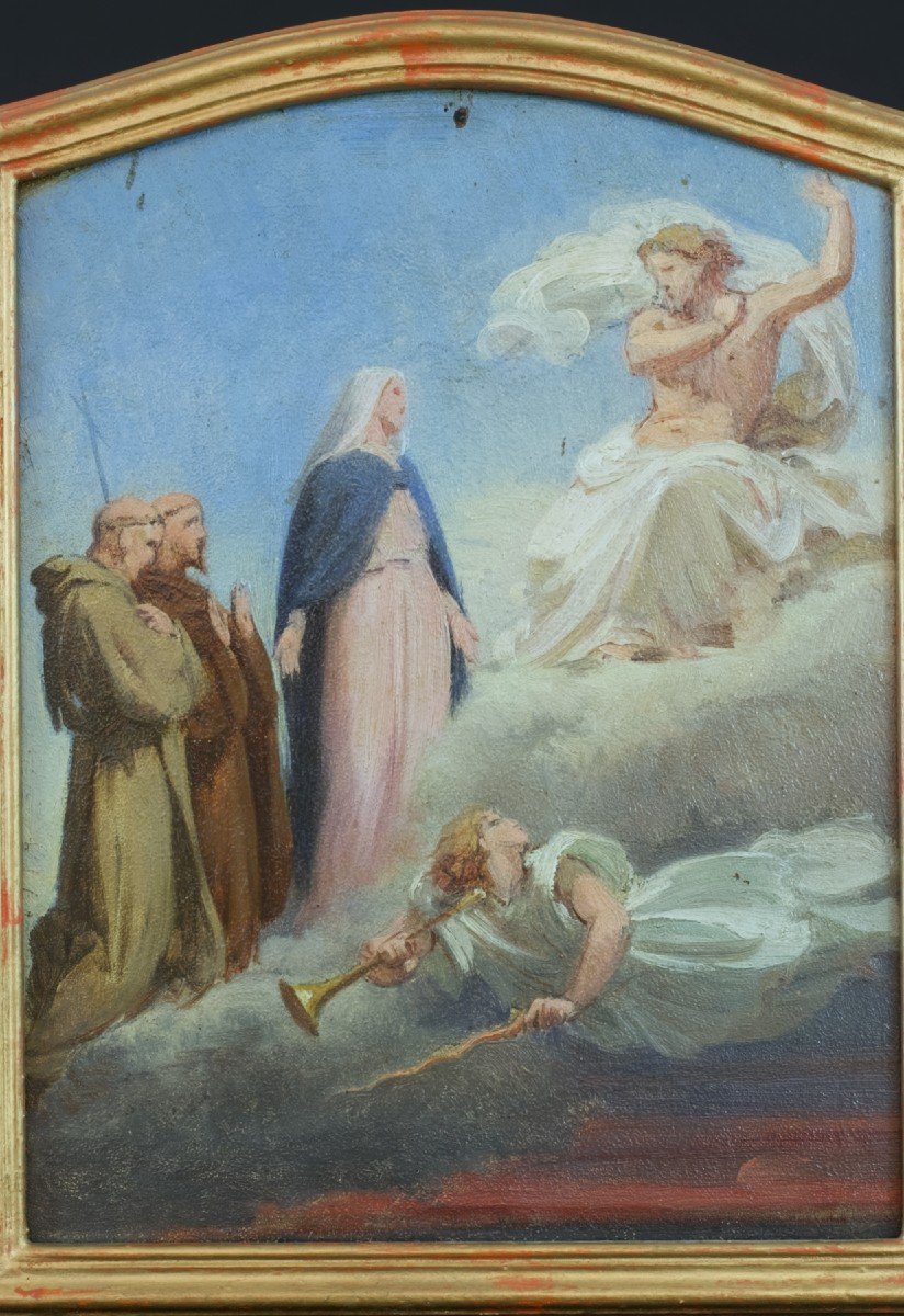 Beau Tableau Religieux Ancien Intercession Vierge Ange Ciel étude Sv Lenepveu 19 Néo classique -photo-3