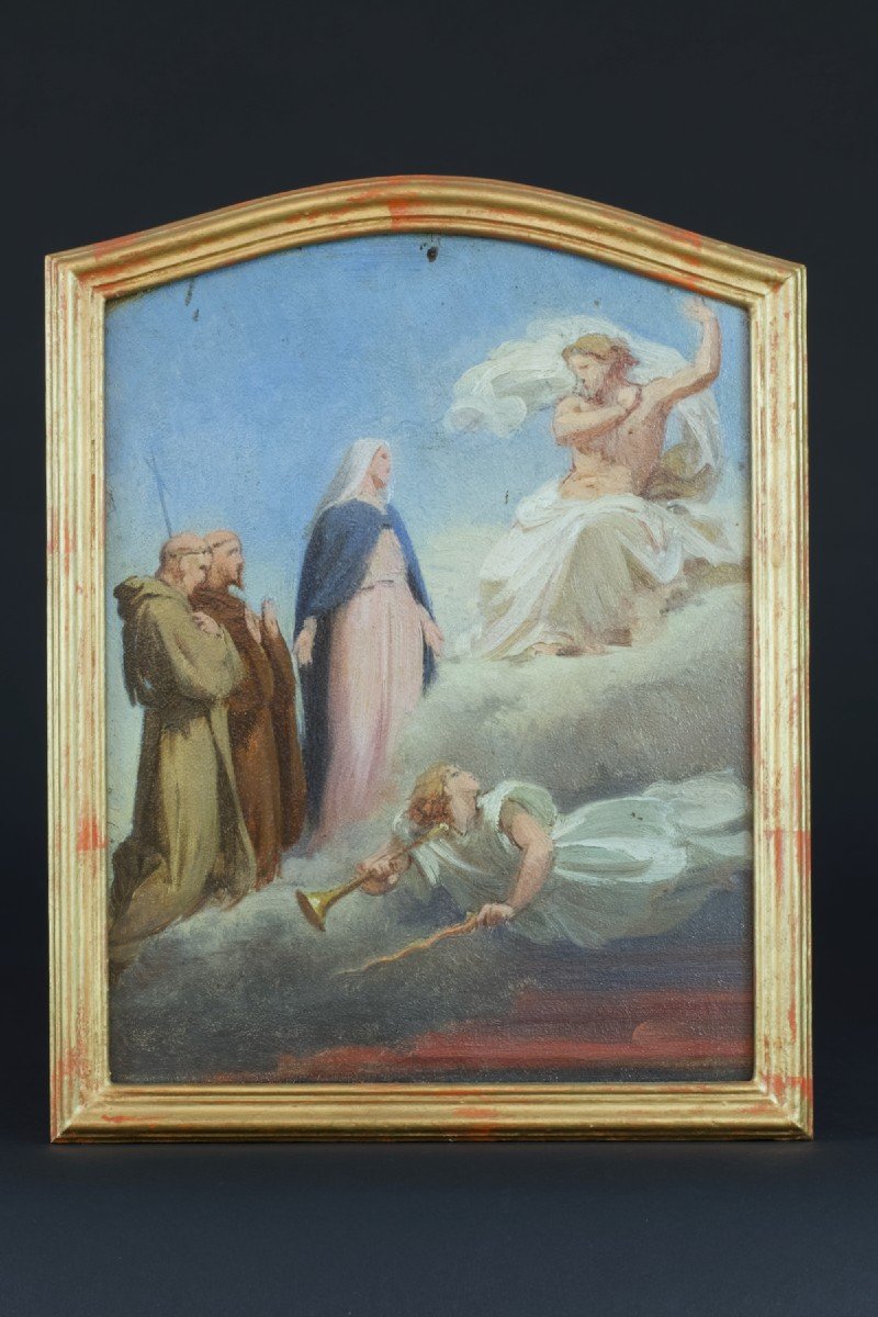 Beau Tableau Religieux Ancien Intercession Vierge Ange Ciel étude Sv Lenepveu 19 Néo classique -photo-4